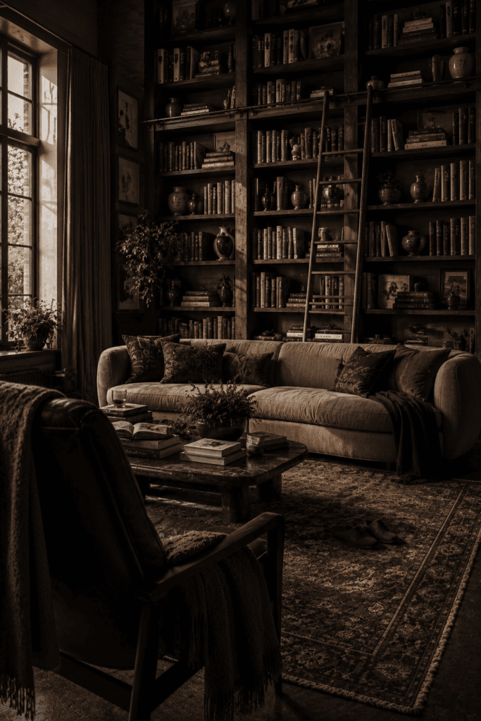 Living room with dramatic floor-to-ceiling bookshelves and library styling.