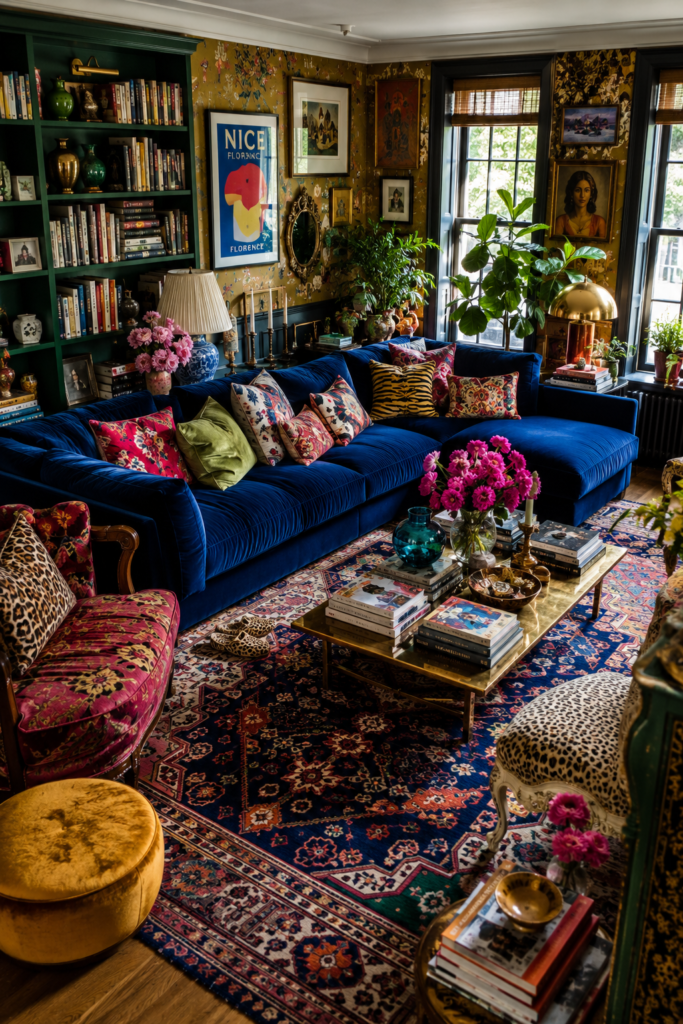 Bold maximalist living room with colorful decor and layered patterns.