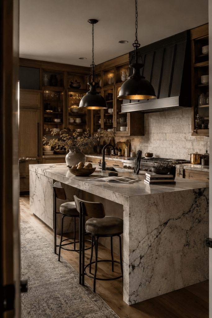 Stylish designer kitchen showcasing multiple modern decor influences.