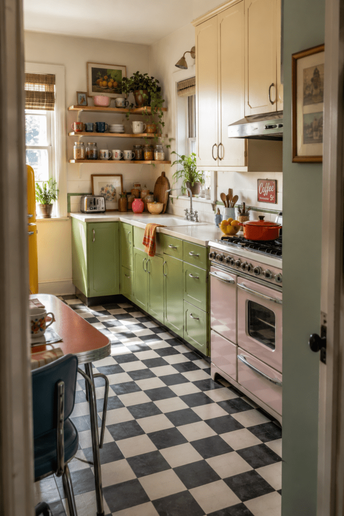 Colorful retro kitchen with playful styling and vintage details.