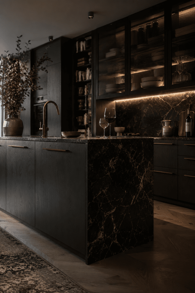 Dramatic dark kitchen with matte black cabinets and luxury finishes