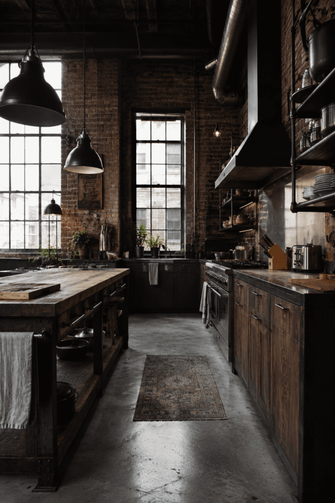 Industrial kitchen with exposed brick, metal shelving, and raw textures.