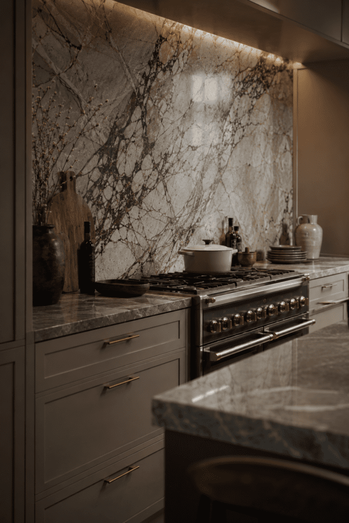 Kitchen with dramatic statement backsplash and luxury styling.