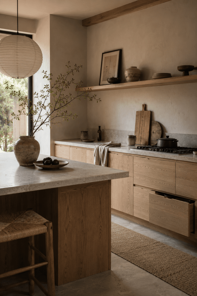 Minimal Japandi kitchen with natural wood and serene styling.