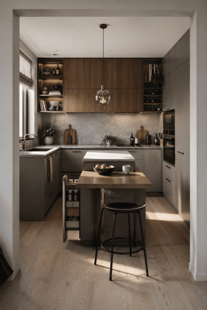 Smart small kitchen with efficient storage and premium space-saving design.