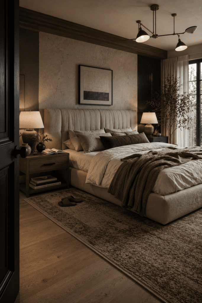 Stylish bedroom showcasing multiple modern decor influences with premium styling. IMAGE PROMPT