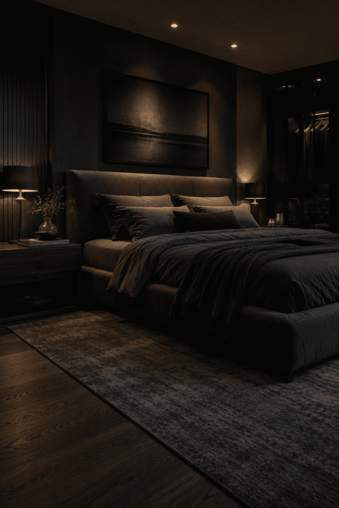 Dramatic dark bedroom with charcoal walls and luxury styling.