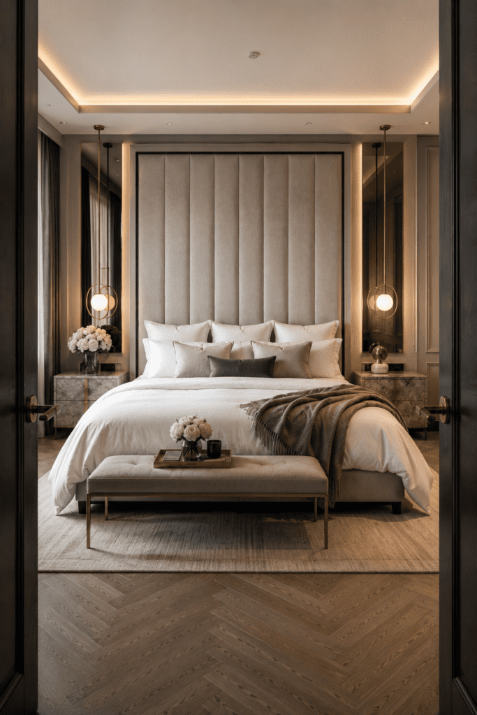 Elegant hotel-style bedroom with premium finishes and symmetrical styling.