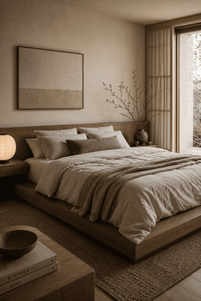 Serene Japandi bedroom with natural wood and minimal styling.