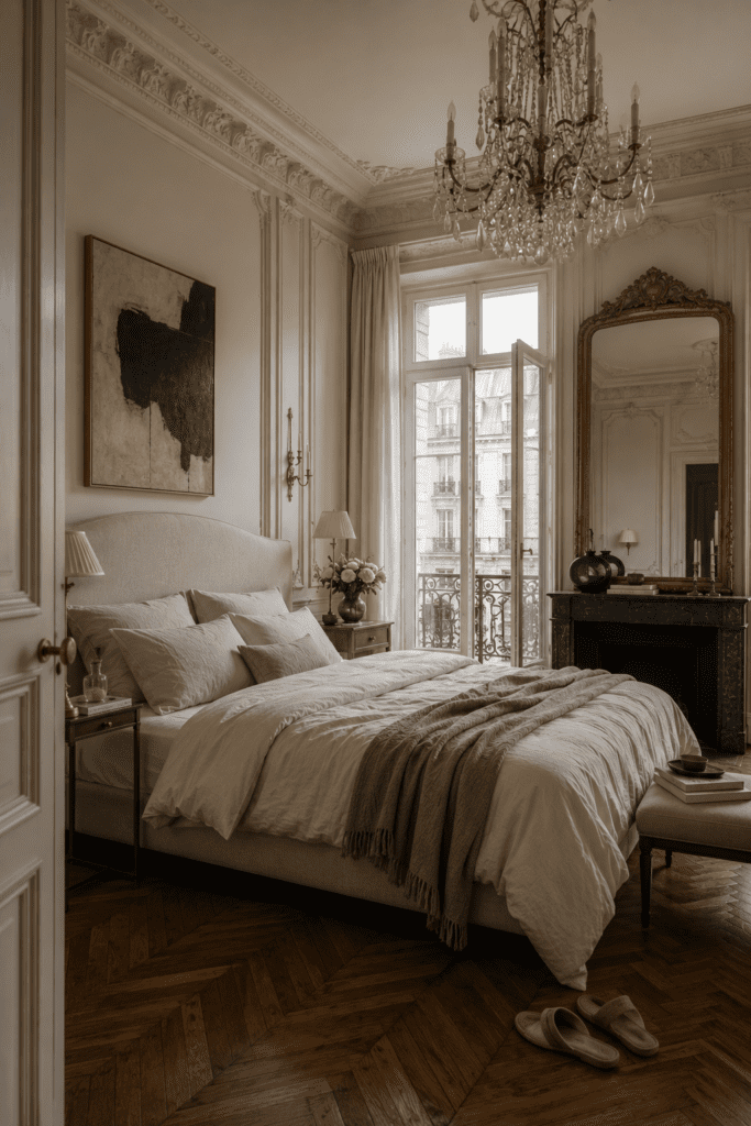 Elegant Parisian bedroom with ornate molding and timeless luxury styling.