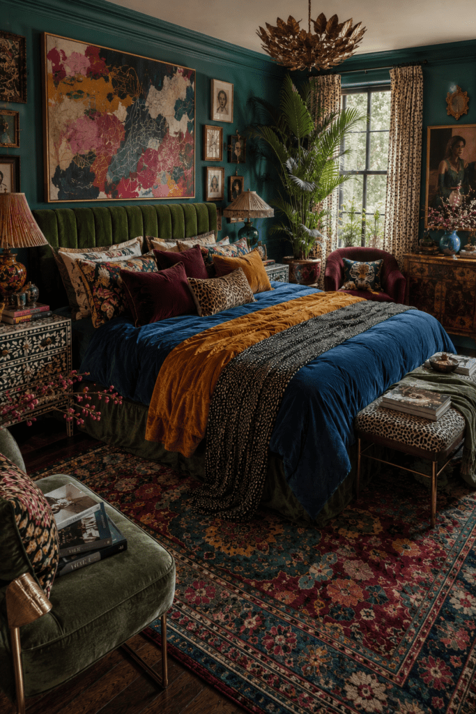 Bold maximalist bedroom with layered colors, patterns, and expressive decor.
