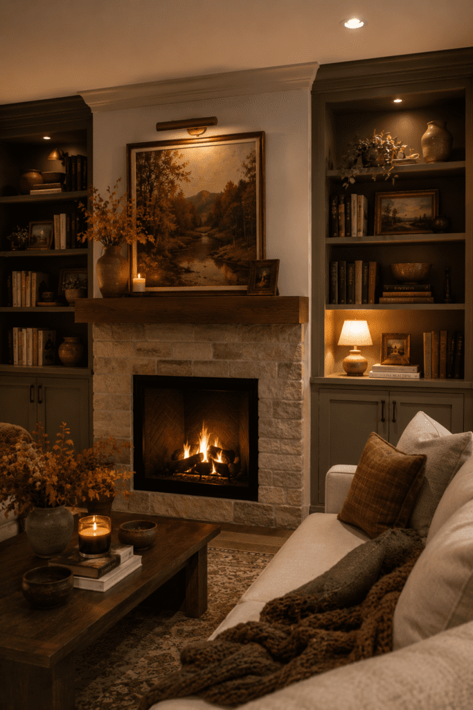 Stone fireplace with built-in shelving, books, pottery, greenery, and warm autumn-inspired living room decor.