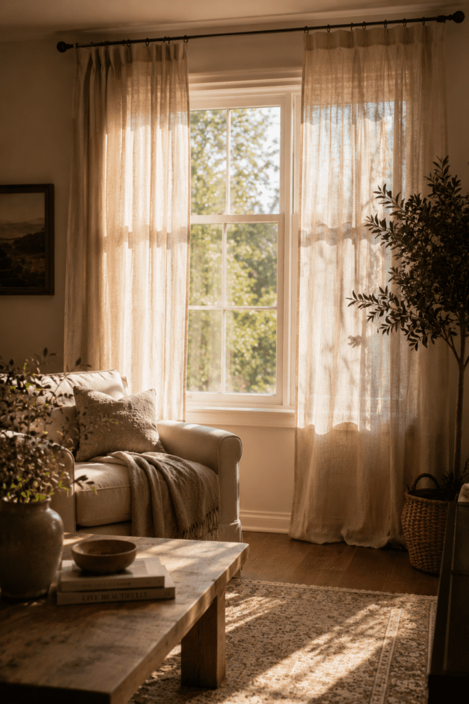 Timeless living room with classic furniture, neutral colors, and elegant American home styling.