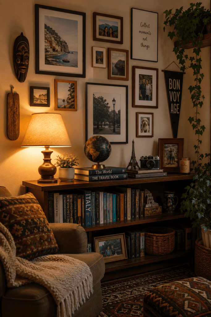 Personalized living room corner with framed photos, books, collected decor pieces, and warm ambient lighting.