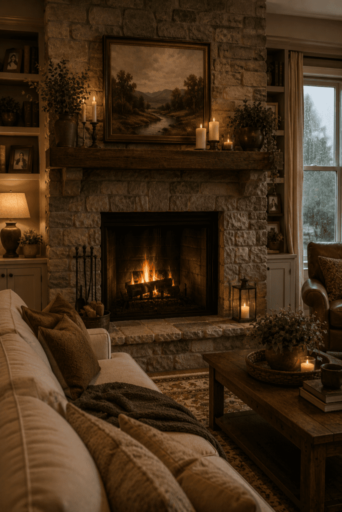 Warm stone fireplace surrounded by cozy seating, candles, and rustic living room decor.