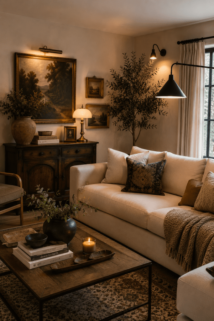 Living room blending modern furniture with vintage wood pieces, classic artwork, and collected-home charm.