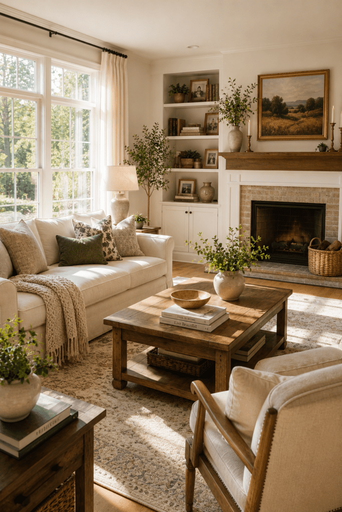 Bright living room filled with natural sunlight streaming through large windows and soft neutral decor.