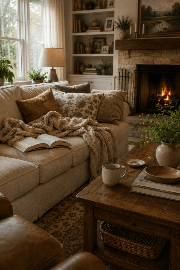 Authentic lived-in living room with open book, coffee mug, relaxed blankets, and imperfect cozy styling.