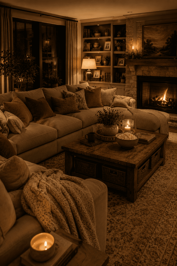Comfort-focused living room with oversized seating, warm lighting, and layered cozy textures.