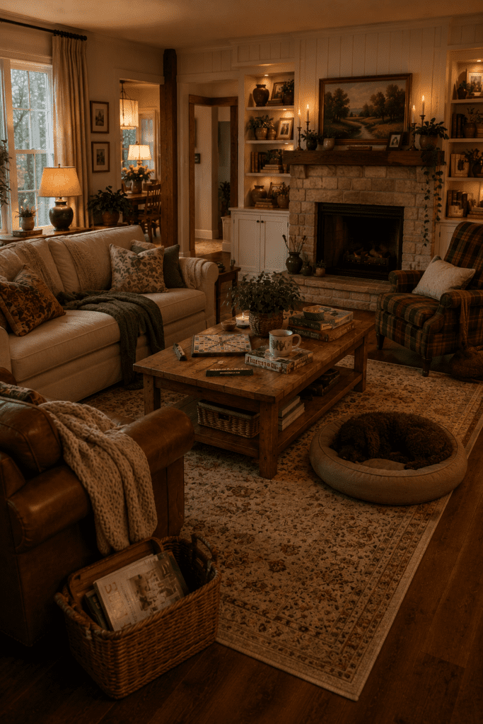 Realistic family living room with books, board games, blankets, plants, and warm everyday home atmosphere.