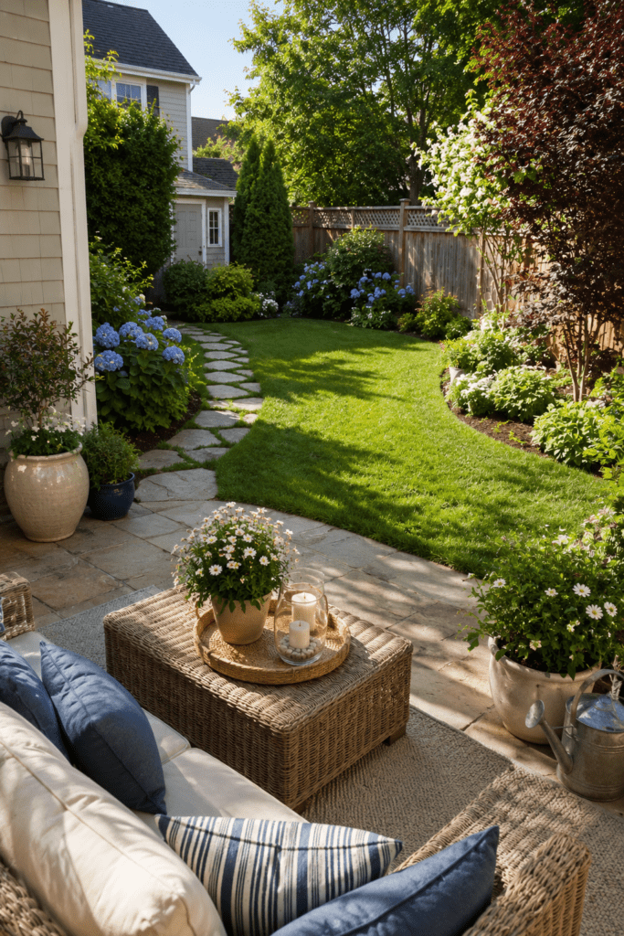Beautiful small backyard with green lawn, patio seating, and elegant landscaping.