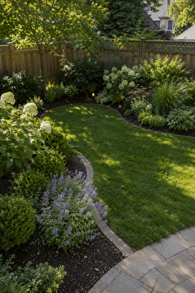 Small backyard with elegant curved landscaping and layered plants.