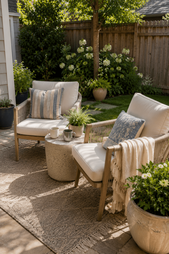 Small backyard seating corner with cozy chairs and outdoor decor.