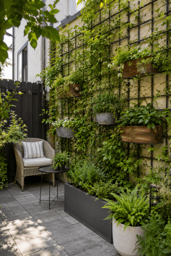 Small backyard with vertical garden wall and layered greenery.