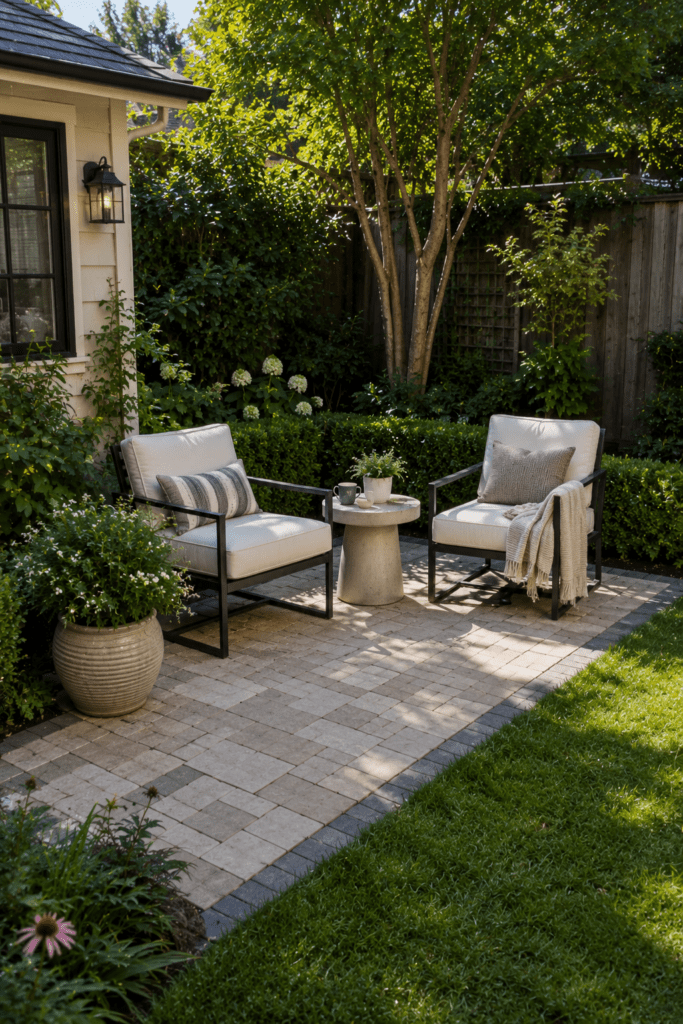 Small backyard with compact patio area and stylish outdoor seating.