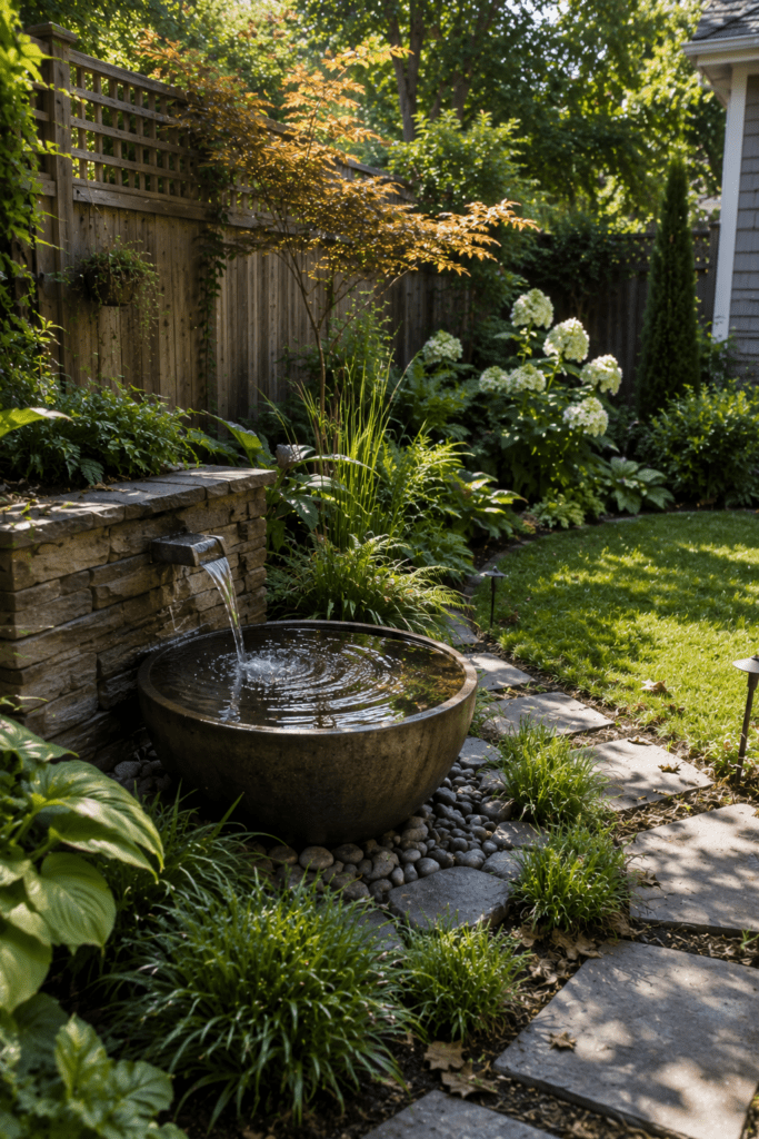 Small backyard with elegant compact water feature and relaxing landscaping.