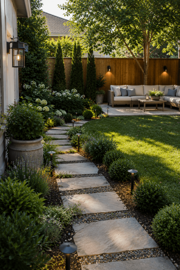 Small backyard with elegant daytime landscape lighting details.
