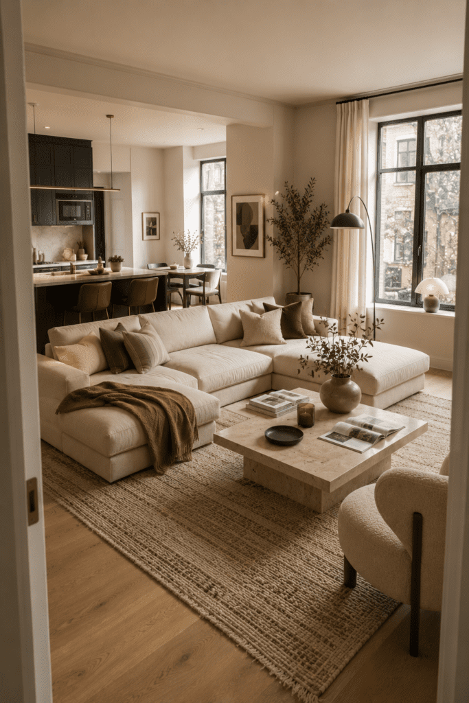 Apartment decor with stylish living room design, modern furniture, layered textures, and contemporary interior inspiration