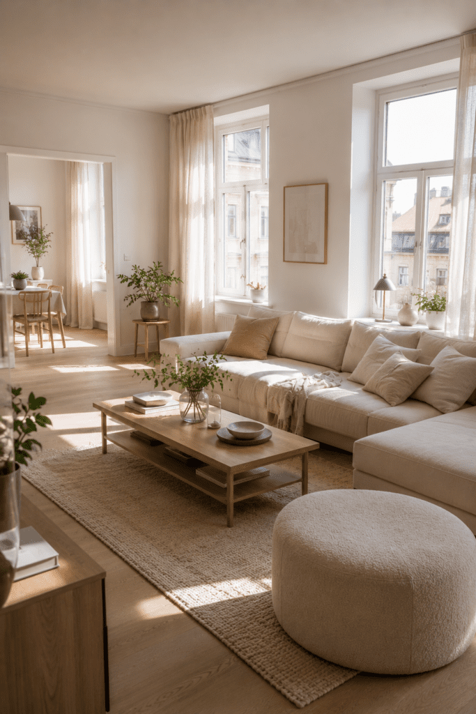 Scandinavian apartment decor with white walls, oak flooring, neutral furniture, and minimalist interior styling