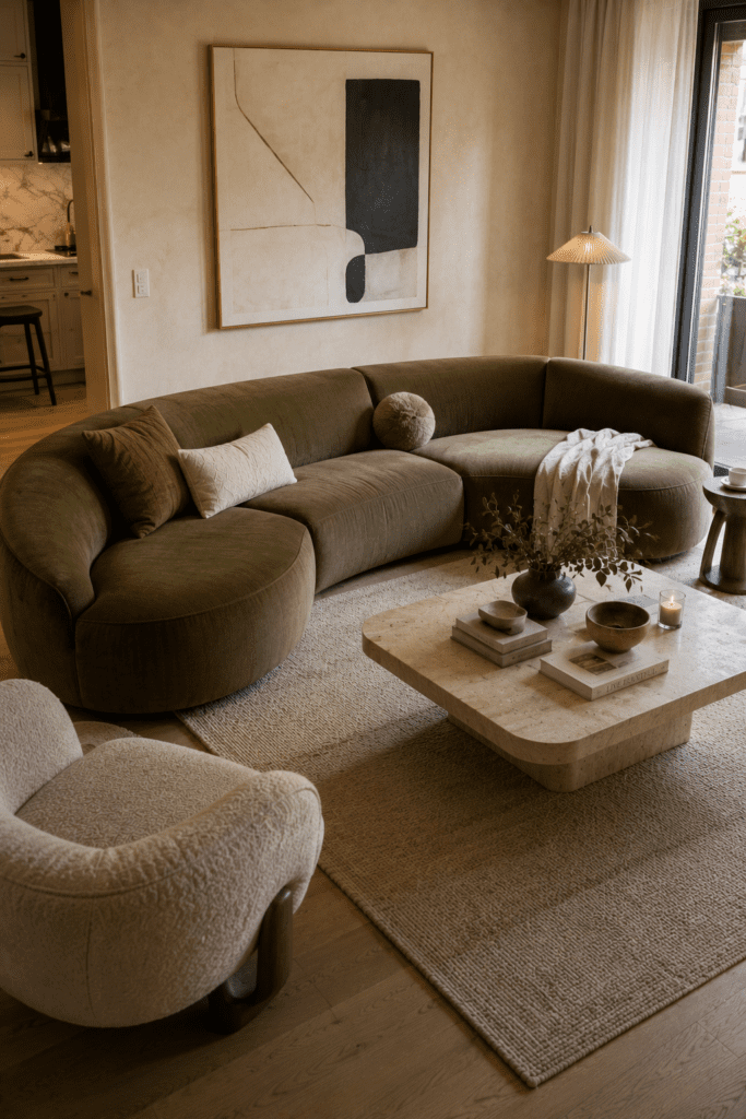 Apartment living room with statement sofa, modern furniture, and stylish decor inspiration