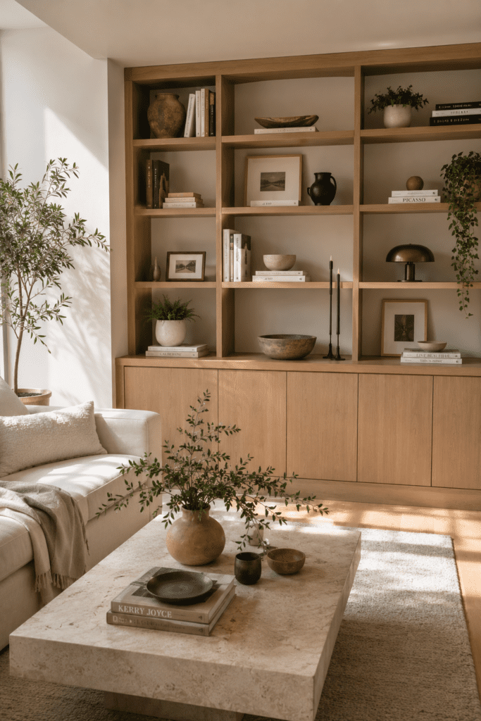 Apartment decor with open shelving, books, ceramics, and stylish storage ideas