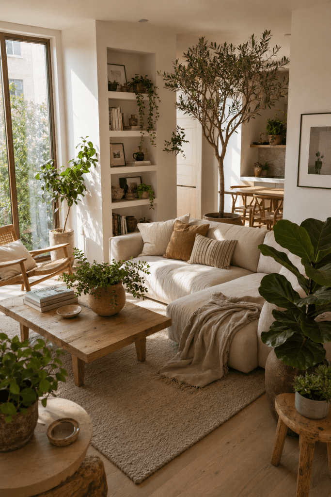 Apartment decor with indoor plants, modern living room styling, and fresh green interior design