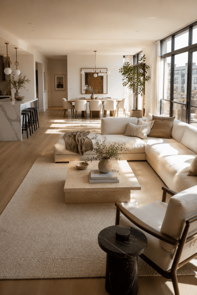 Open airy apartment layout with spacious furniture arrangement and modern interior design