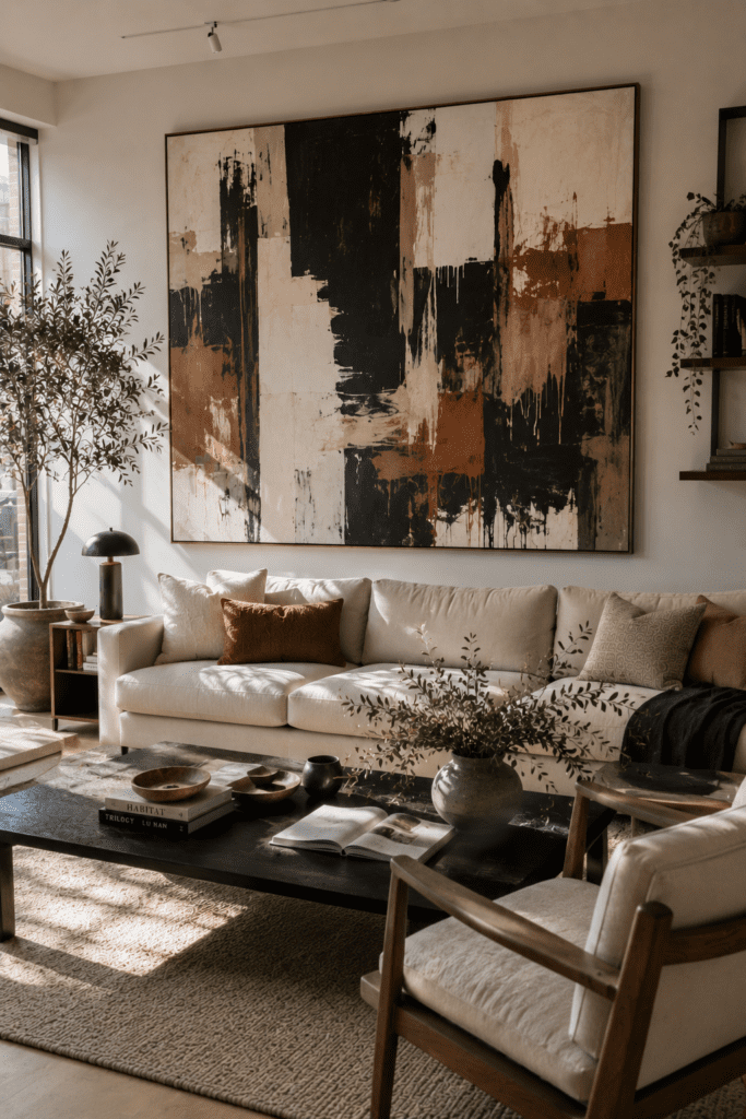 Apartment decor with oversized wall art, statement artwork inspiration, and modern living room design
