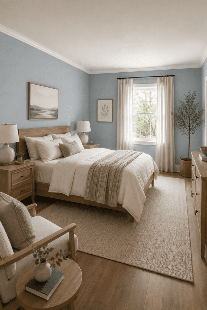 Bedroom with dusty blue walls, cream bedding, oak furniture, and calming natural light.