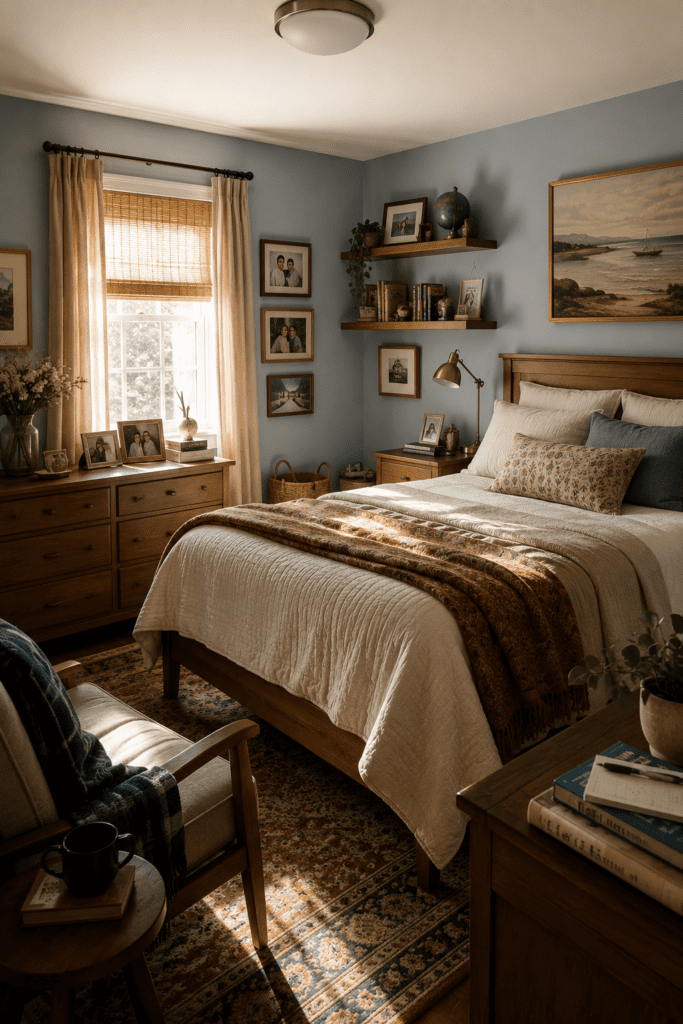 Personalized bedroom featuring framed photos, books, artwork, and meaningful decorative accents.