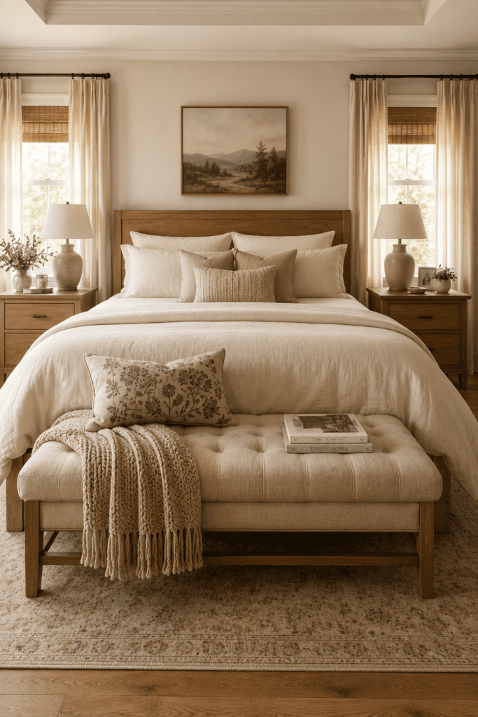 Upholstered bench at the foot of a bed styled with blankets and decorative pillows.