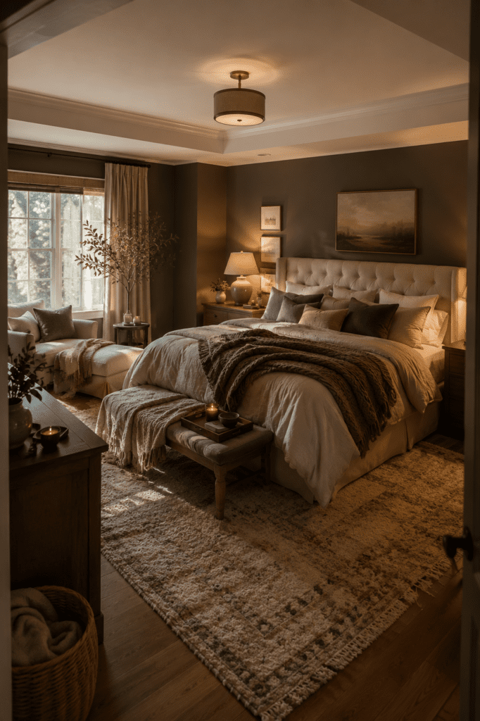 Lived-in bedroom with rumpled linen bedding, open books, and warm morning sunlight.