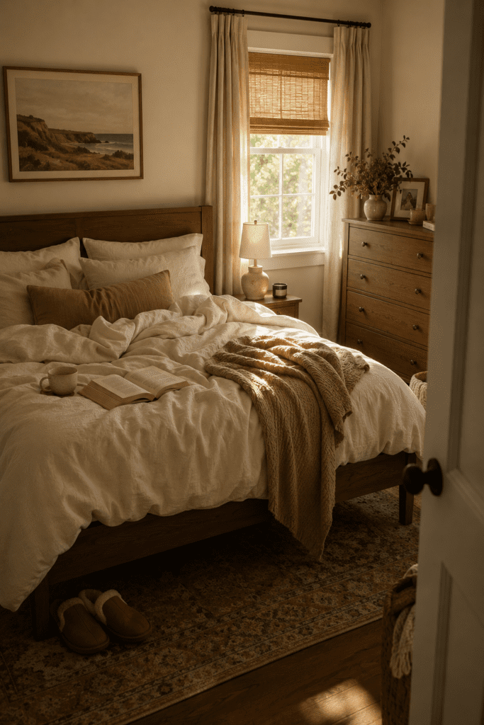 Comfortable bedroom with layered bedding, soft lighting, cozy textures, and relaxing neutral decor.