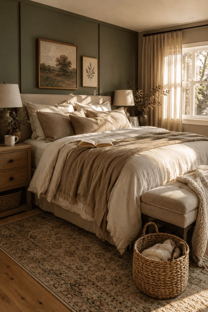 Cozy bedroom with sage green accent wall, layered neutral bedding, oak furniture, and warm morning sunlight.