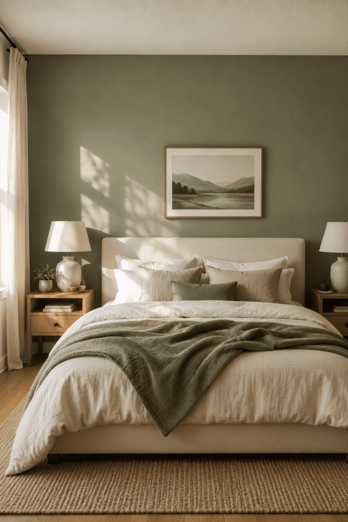 Bedroom featuring a sage green accent wall behind a cream upholstered bed with warm natural light.