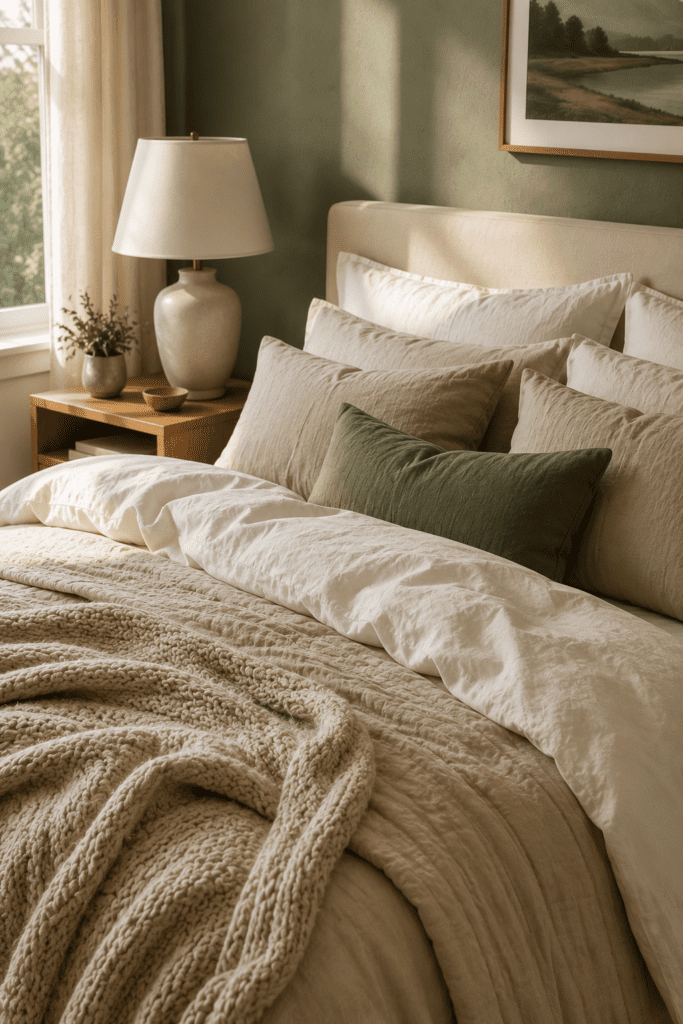 Layered neutral bedding with linen sheets, textured blankets, and oversized pillows in a cozy bedroom.