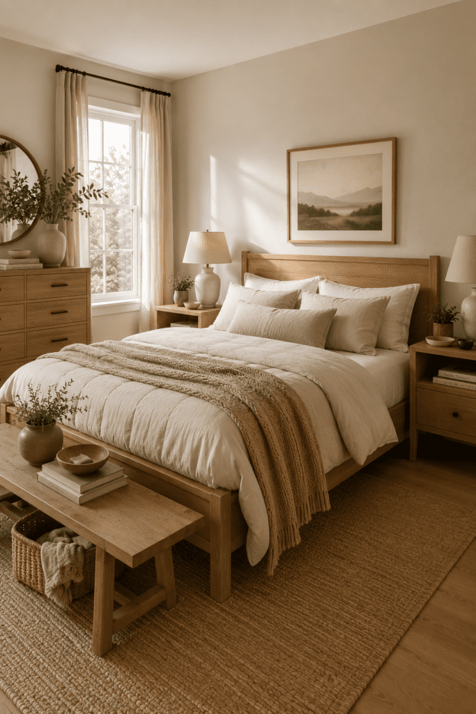 Bedroom decorated with natural oak furniture, neutral bedding, and warm sunlight highlighting wood textures.