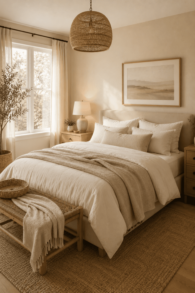 Warm neutral bedroom with cream bedding, beige accents, oak furniture, and soft natural lighting.