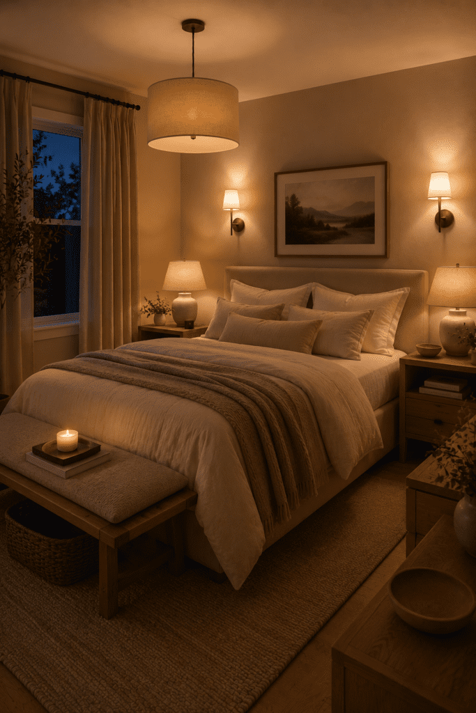 Cozy bedroom illuminated by bedside lamps and layered lighting creating a relaxing evening atmosphere.