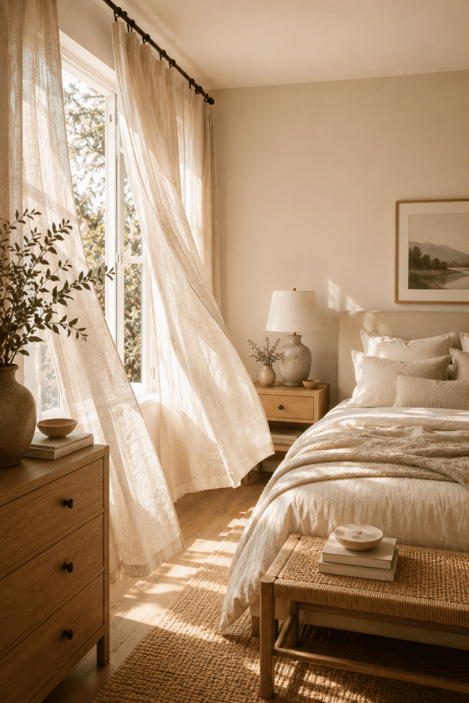 Soft linen curtains filtering natural sunlight into a bright and airy neutral bedroom.